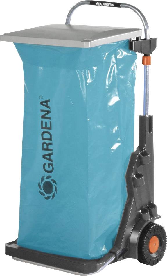 Blauer Gartensackhalter von GARDENA mit Rädern und einem stabilen Rahmen für einfache Mobilität und Abfallentsorgung.