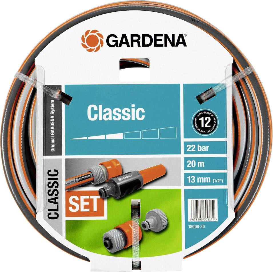 Gartenschlauch-Set von Gardena, Modell 'Classic', 20 Meter, 13 mm (1/2"), max. 22 bar, mit Verbindungsstücken, 12 Jahre Garantie.