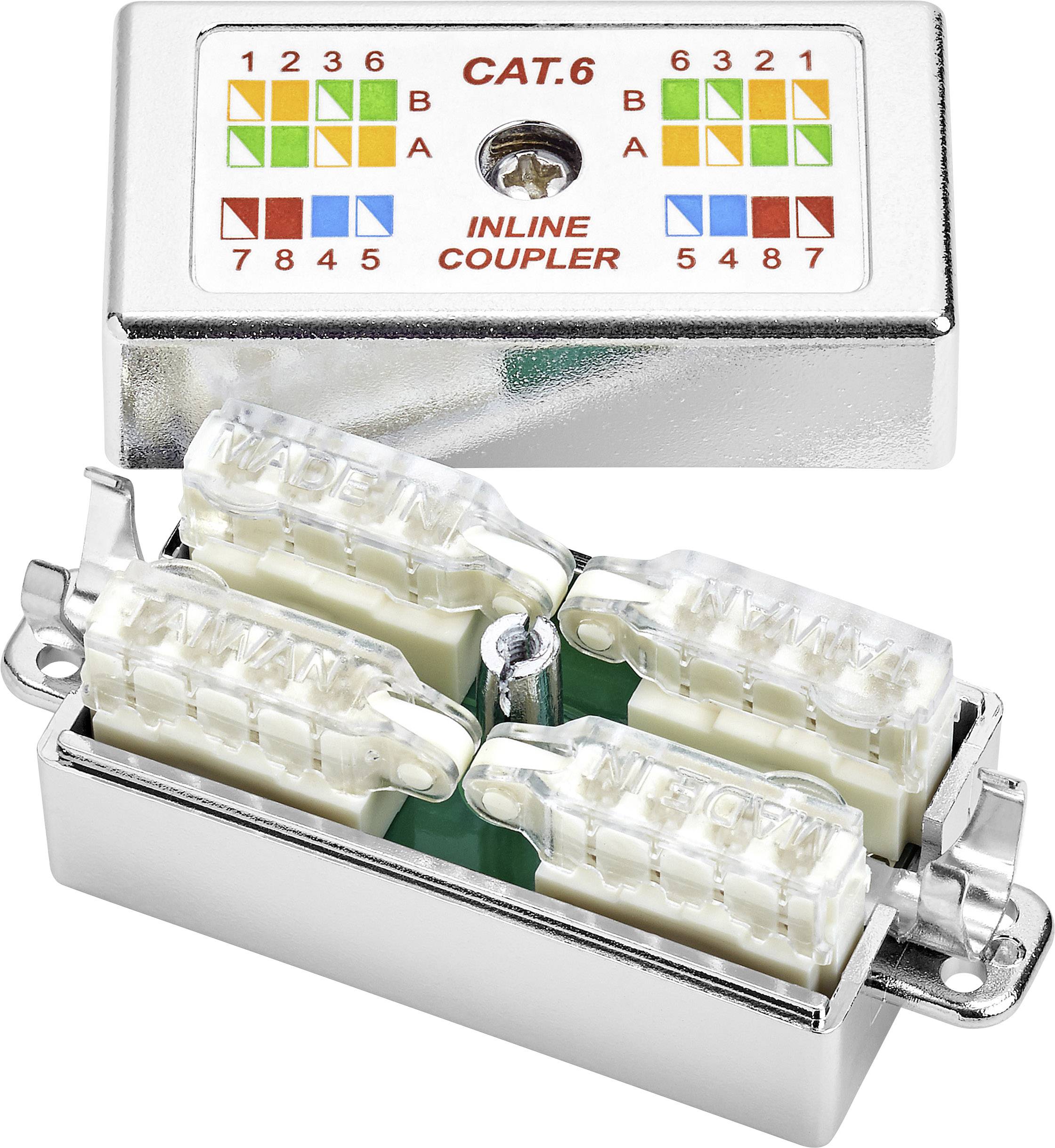 'Inline Coupler CAT.6' zeigt Verkabelungsschema für acht Adern, nummerierte Klemmen mit Farbcodierung für Ethernet-Anschluss.