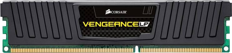 Arbeitsspeicher-Modul mit schwarzem Kühlkörper, darauf das Logo 'Corsair' und der Text 'Vengeance LP'.