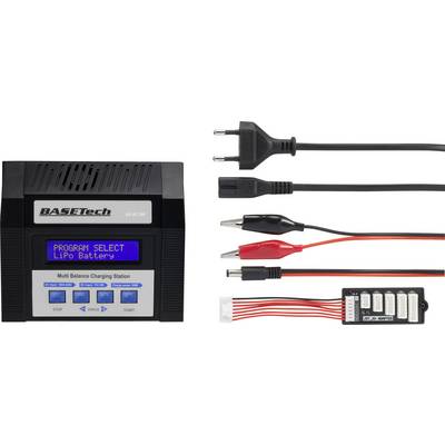 Ladegerät mit LCD-Display zeigt 'PROGRAM SELECT LiPo Battery'. Daneben diverse Anschlusskabel für verschiedene Batterietypen.