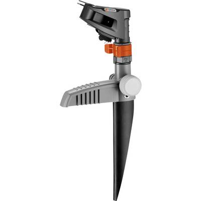 Ein verstellbarer Gartensprinkler mit Erdspieß und seitlichem Drehregler. Ideal zur gleichmäßigen Bewässerung von Rasenflächen.