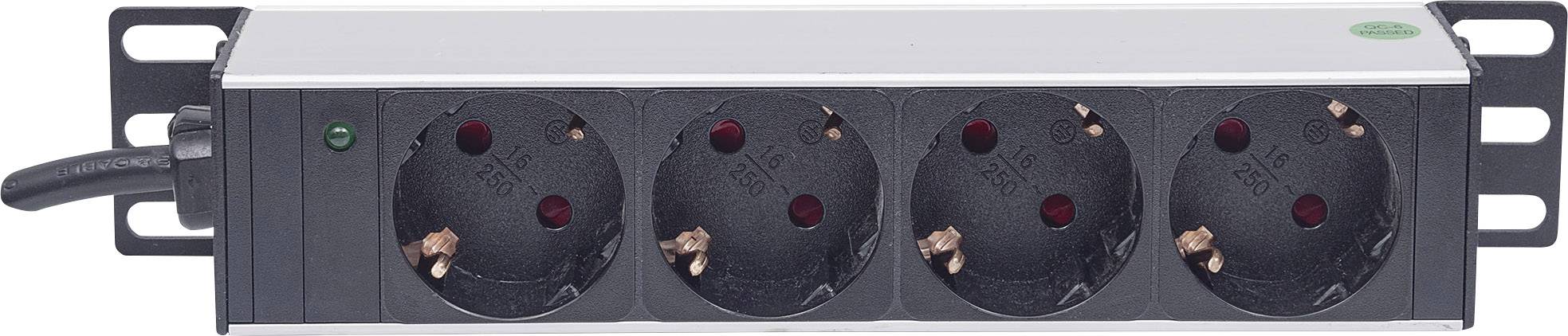 Eine Steckdosenleiste mit vier schwarzen Schutzkontaktsteckdosen in einer silbernen Leiste, ideal für den Einsatz in Büros und Werkstätten.