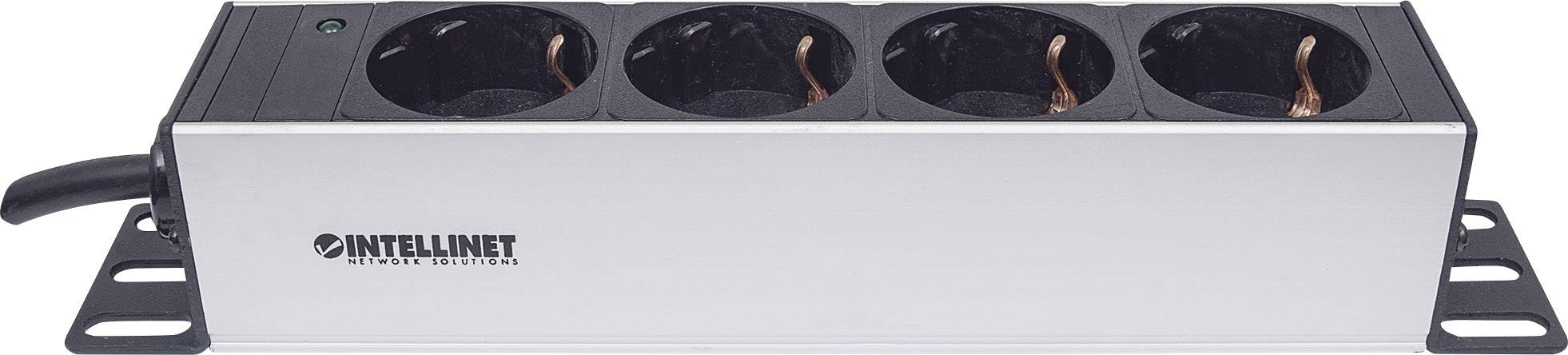 Vierfach-Steckdosenleiste von Intellinet, silberne Farbe, schwarze Steckdosen, für elektronische Geräte.