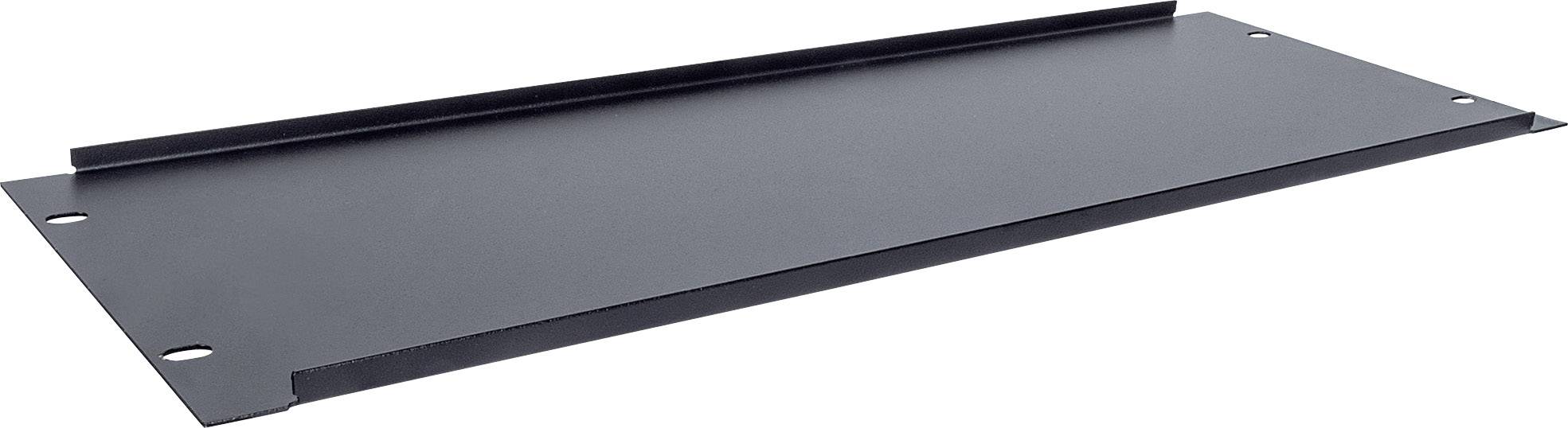 Schwarzes Metallregal ohne sichtbare Inhalte, rechteckig, mit erhöhten Kanten, geeignet zur Befestigung in einem Rack-System.