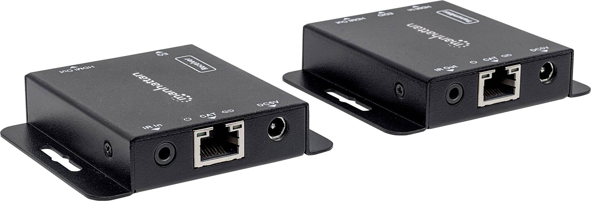 Zwei schwarze elektronische Geräte mit Ethernet-Ports und Stromanschlüssen; möglicherweise Netzwerkkabel-Extender.