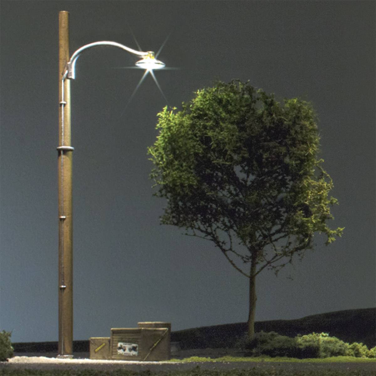 Eine Straßenlaterne beleuchtet einen Kasten und einen Baum neben einem Gehweg bei Nacht.