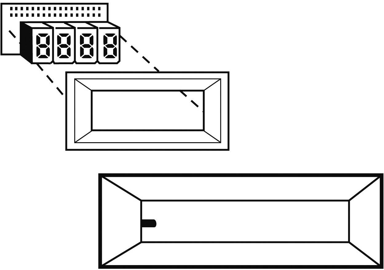 Diagramm eines vierstelligen 7-Segment-Displays mit verbundenem elektrischen Schaltkreis und strukturiertem, rechteckigem Gehäuse.