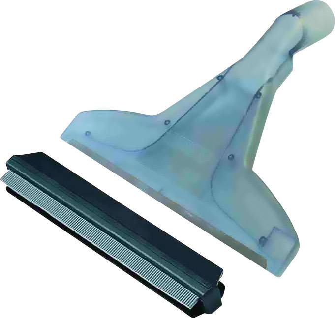 Ein blauer Fensterabzieher aus Kunststoff mit schwarzer Gummilippe, im Winkel nach oben gerichtet, auf weißem Hintergrund.