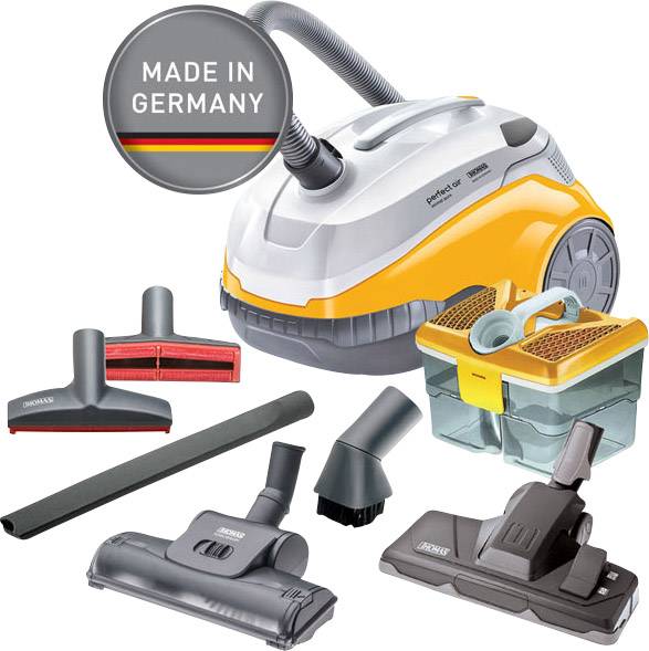 Staubsauger mit Zubehör, beschriftet mit 'Made in Germany'. Enthält unterschiedliche Düsen und einen Wasserbehälter.