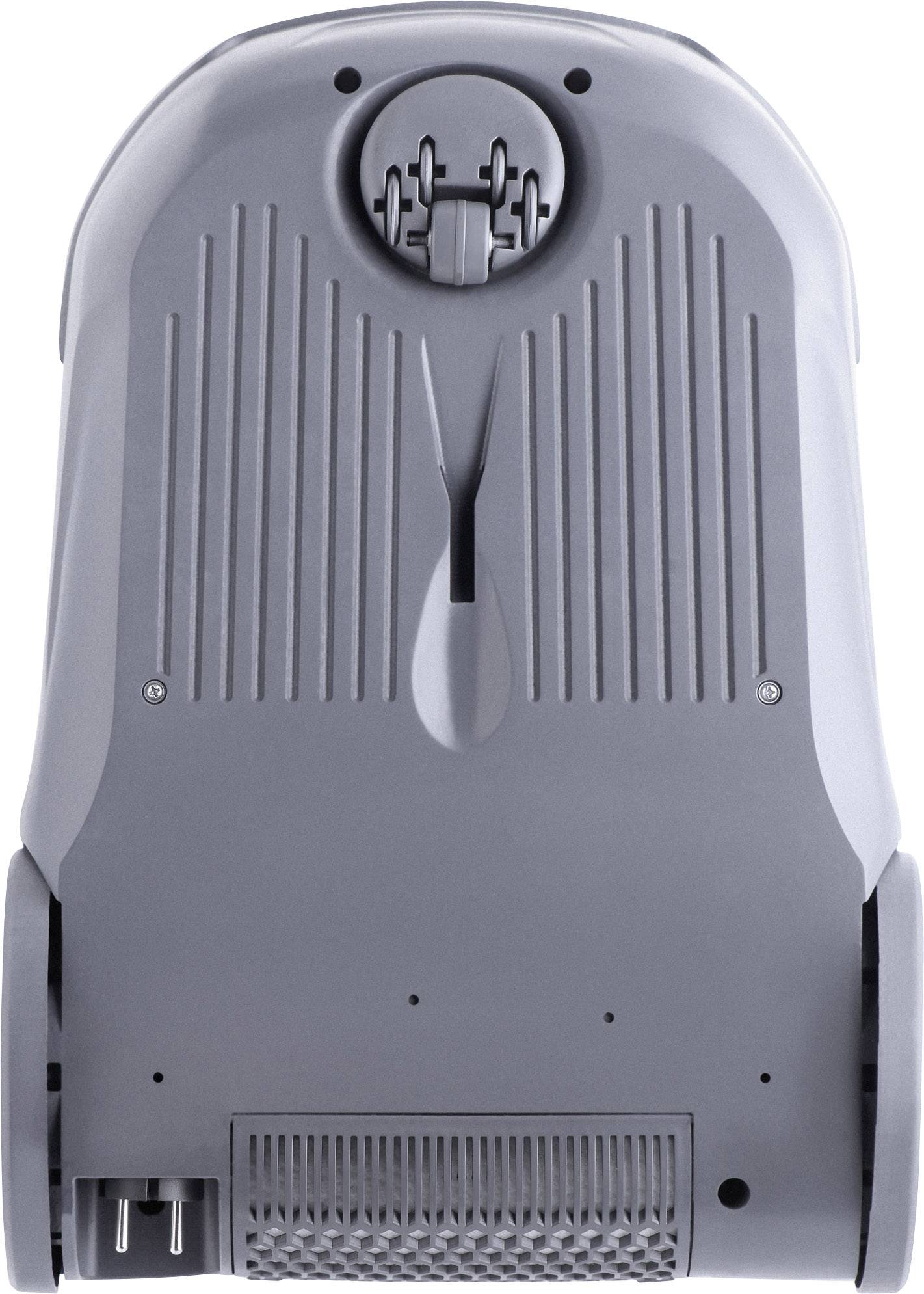 Grauer, robuster Kunststoffkasten mit Lüftungsschlitzen, Kabelanschluss und zwei gummierten Rädern oben im Bild.