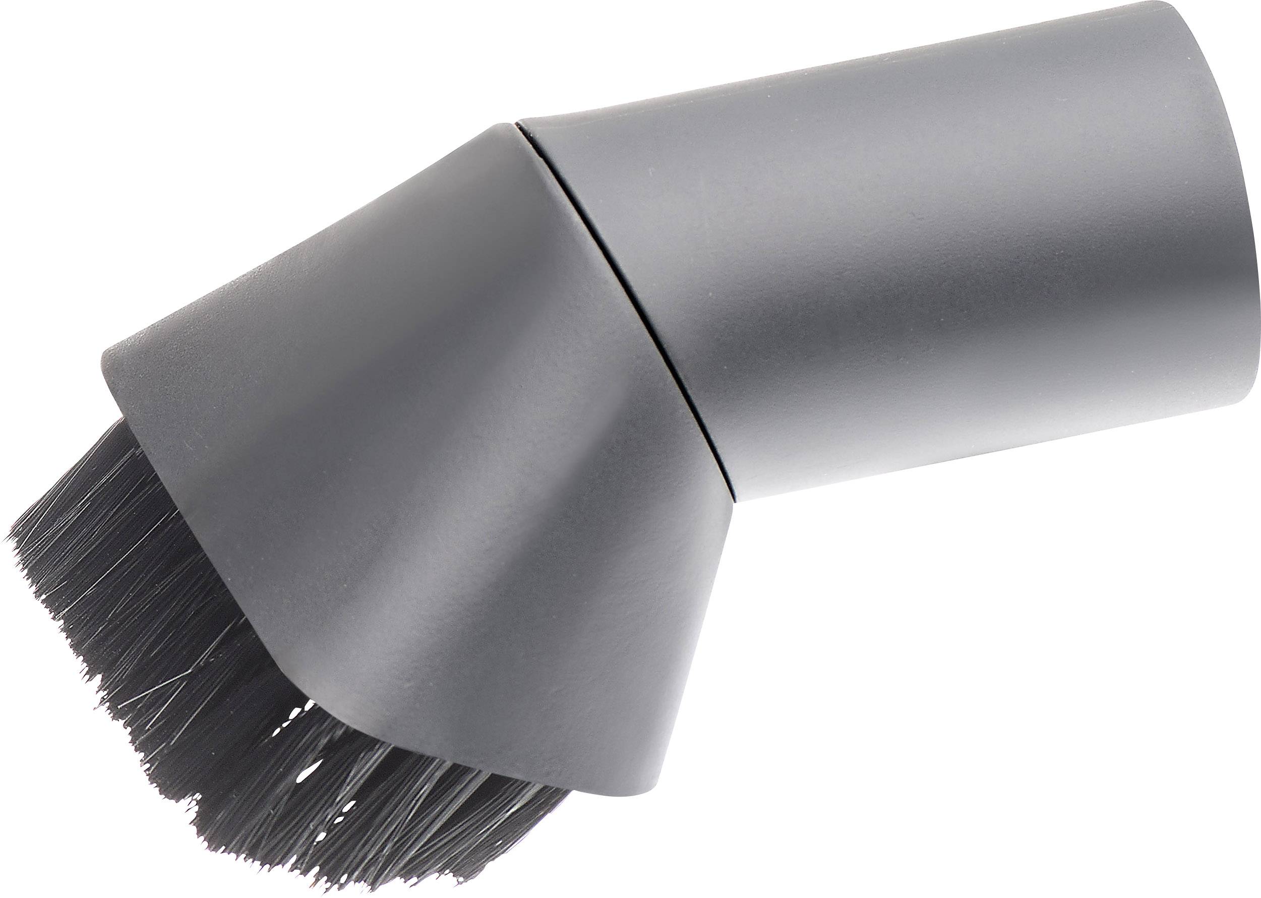 Ein grauer Staubsaugeraufsatz mit Borsten, schräg geschnitten, dient zur Reinigung von Ecken und empfindlichen Oberflächen.