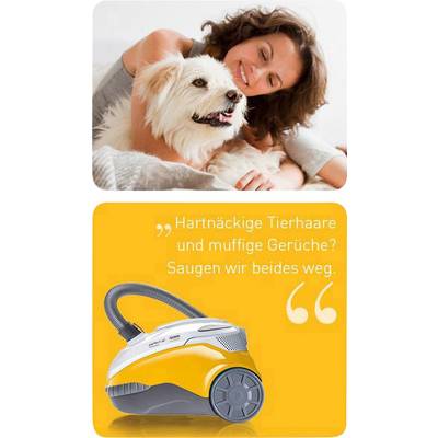 Eine Frau streichelt einen weißen Hund. Darunter ein Bild eines gelben Staubsaugers mit dem Text 'Hartnäckige Tierhaare und muffige Gerüche? Saugen wir beides weg.'