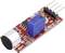 Ein rotes Mikrofon-Modul mit blauer Potentiometer, schwarzem Chip und vier Metallstiften. Ideal für Arduino-Projekte und Schallmessungen.