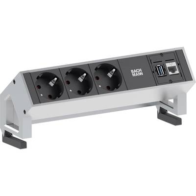 Steckdosenleiste mit drei Schuko-Steckdosen und Anschlüssen für USB und Ethernet, freistehend mit silbernem Gehäuse.