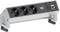 Steckdosenleiste mit drei Schuko-Steckdosen und Anschlüssen für USB und Ethernet, freistehend mit silbernem Gehäuse.