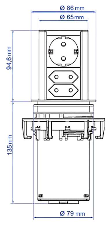 Technische Zeichnung einer versenkbaren Steckdose mit Maßen: 86 mm Durchmesser oben, 135 mm Höhe, 65 mm Innenbreite.