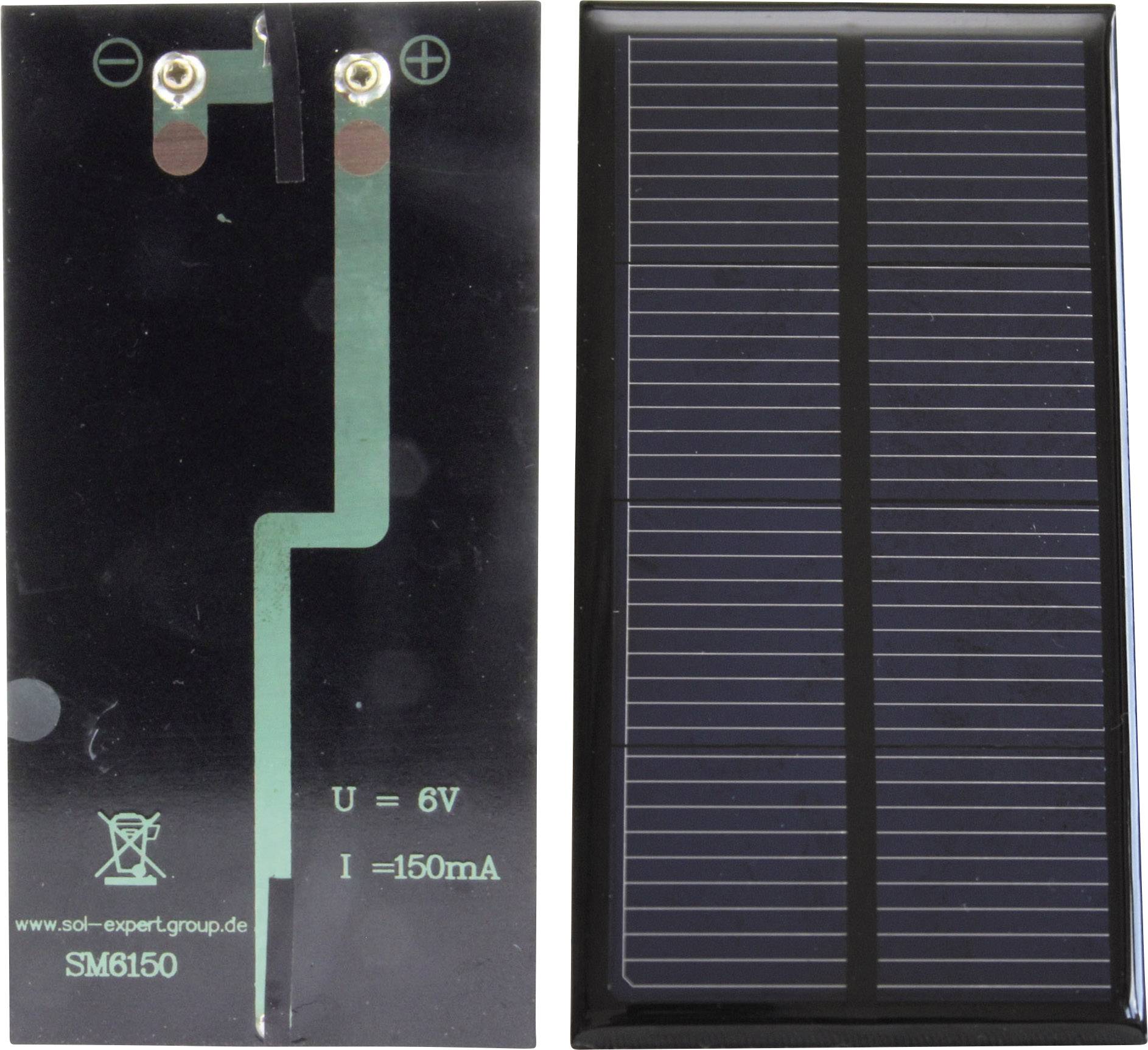 'SM6150'-Mini-Solarpanel mit 6V und 150mA. Links zeigt die Rückseite technische Details, rechts die Vorderseite mit Solarmodulen.