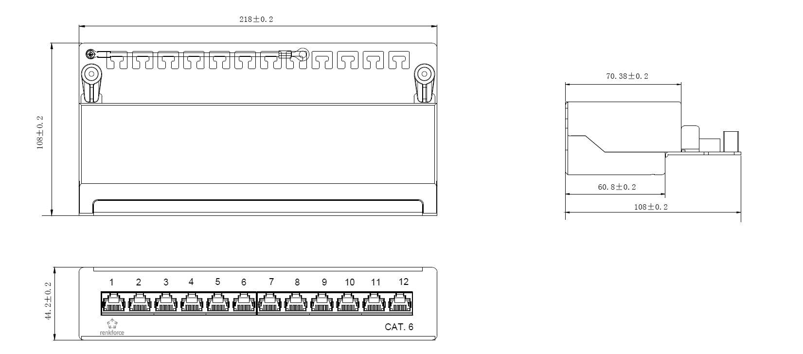 Technische Zeichnung eines CAT. 6 Patchpanels mit 12 RJ45-Anschlüssen, Abmessungen und Anschlussbelegungen, perspektivische Ansicht.