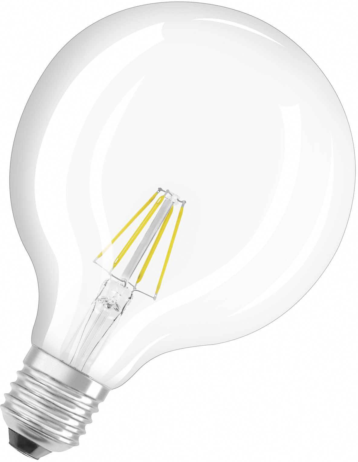 Glühbirne mit sichtbaren Filamenten, die modern und energieeffizient wirkt. LED-Technologie, geeignet für klare Beleuchtung.