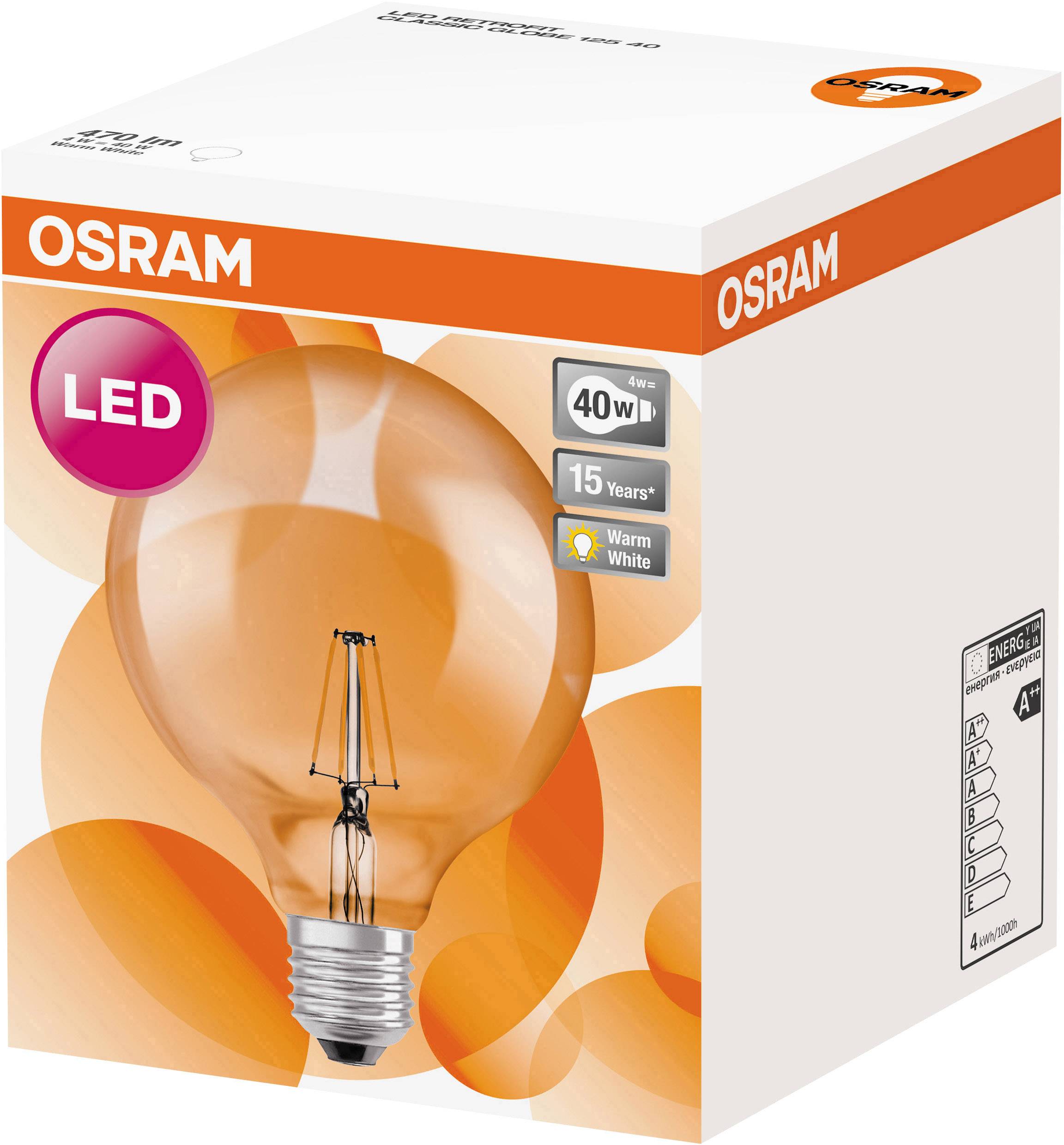 Eine LED-Glühbirne von Osram, 40W, 15 Jahre Lebensdauer, warmweiß. Verpackungsdesign mit Produktabbildung und Energiesparhinweis.