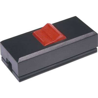 Schwarzer Magnet mit rotem Griff in der Mitte, rechteckige Form.