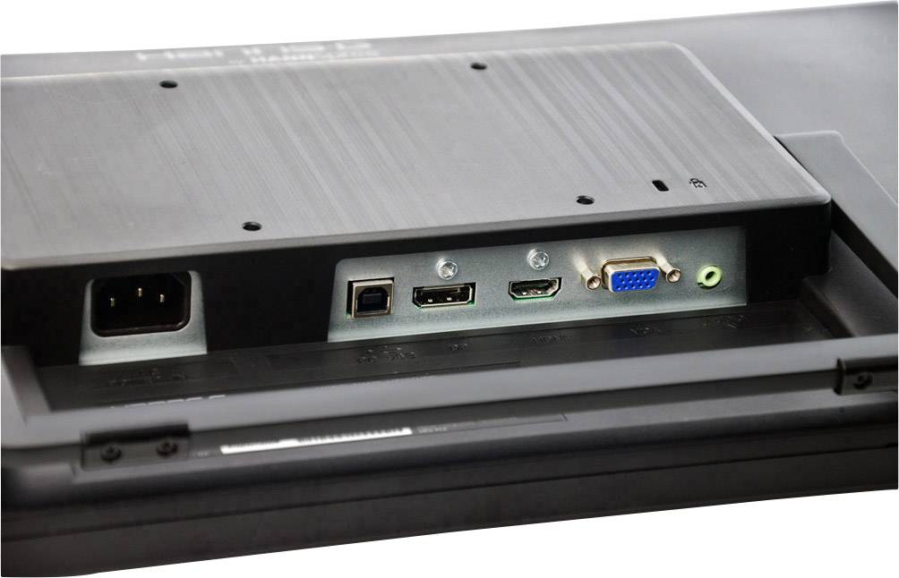 Rückseite eines Monitors mit Anschlüssen: Stromanschluss, USB, HDMI, VGA und Audioanschluss.