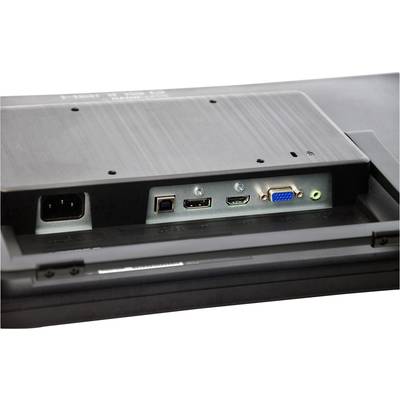 Rückseite eines Monitors mit Anschlüssen: Stromanschluss, USB, HDMI, VGA und Audioanschluss.