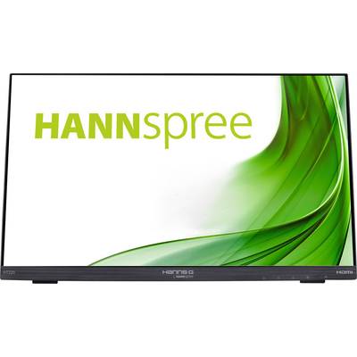 Der Bildschirm eines Hannspree-Monitors zeigt den grünen Unternehmensnamen 'HANNspree' auf einem abstrakten grünen Hintergrund.