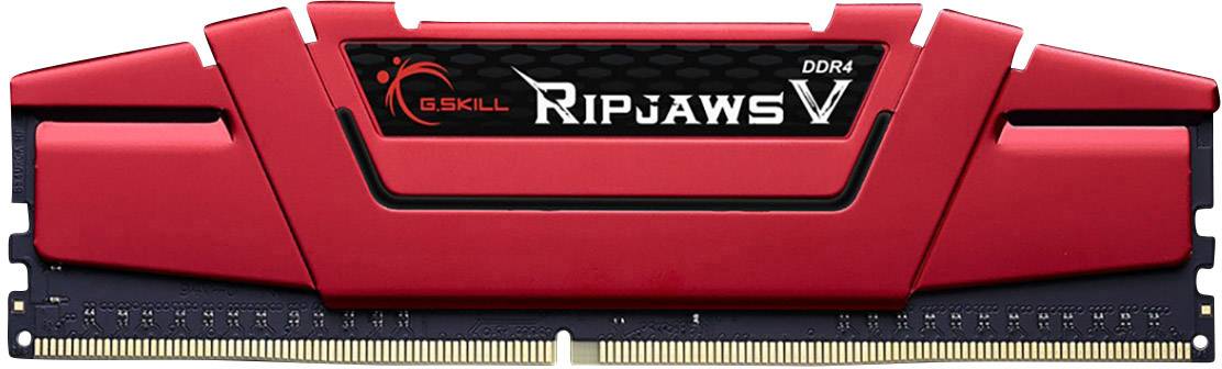 Ein roter G.SKILL Ripjaws V DDR4-RAM-Riegel für Computer, Nahaufnahme. Erkennbar ist das markante Design und der Markenname.