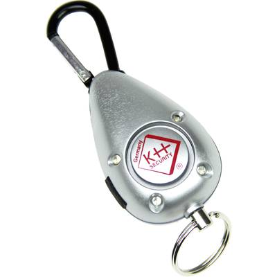 Silberner Karabiner mit integriertem Schlüsselanhänger und rotem 'K+S Security'-Logo in der Mitte.