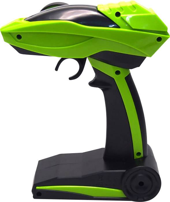 Ein grüner und schwarzer Spielzeug-Blaster mit ergonomischem Griff und Auslöser. Geeignet für Kinderactionspiele.