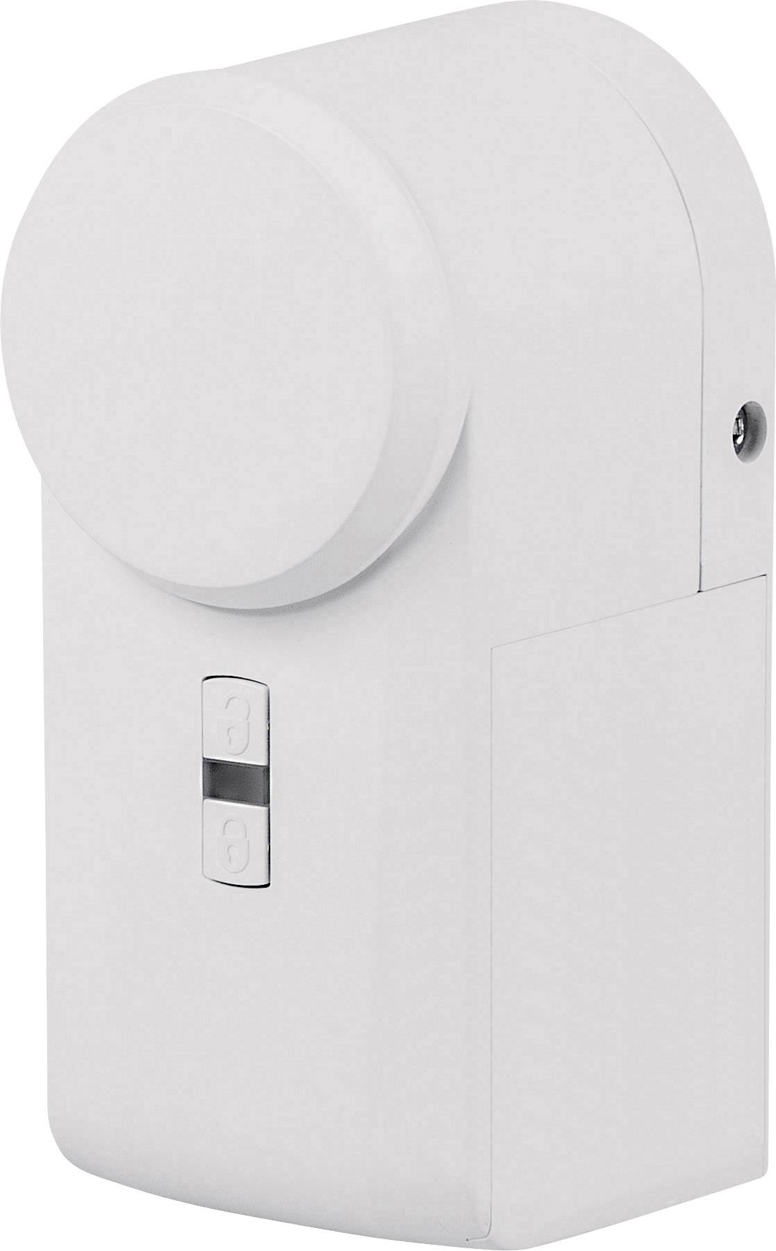 Weißes, zylindrisches elektronisches Türschloss mit zwei Tasten an der Vorderseite, geeignet für den Einsatz in intelligenten Sicherheitssystemen.