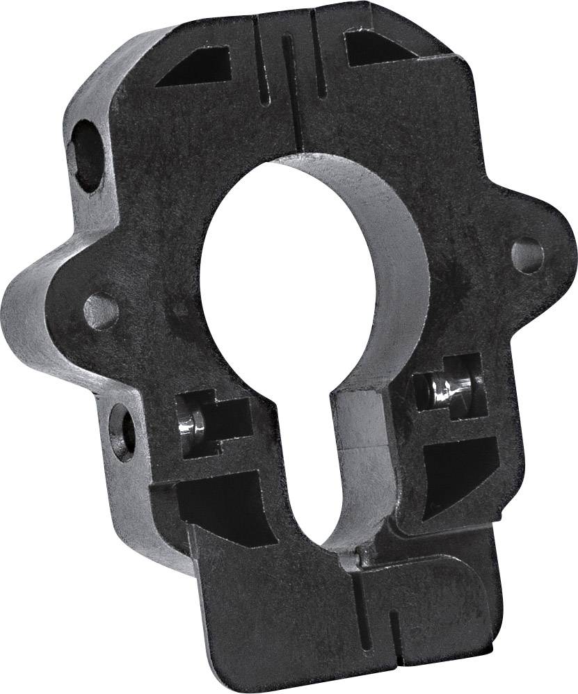 Schwarzer Kunststoffbeschlag in Schlüssellochform mit drei Befestigungslöchern, konzipiert für die Montage an einer Oberfläche.