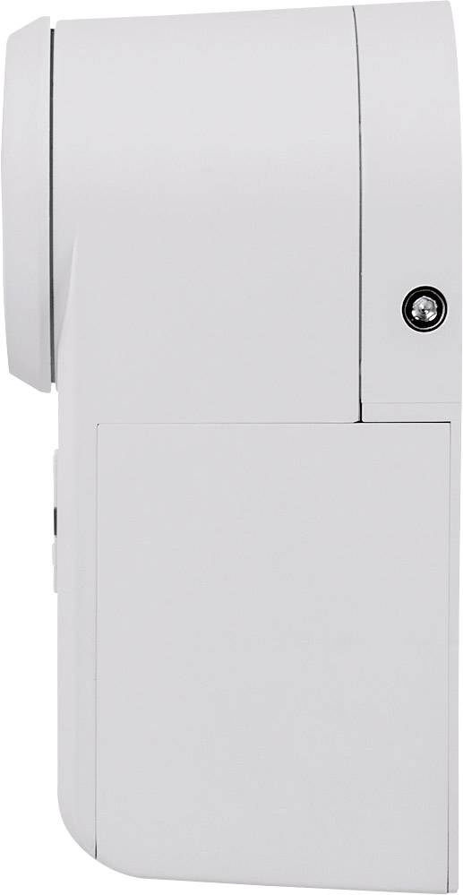 Seitenansicht eines weißen, rechteckigen Geräts mit runder Vorderseite und schwarzem Punkt rechts oben.