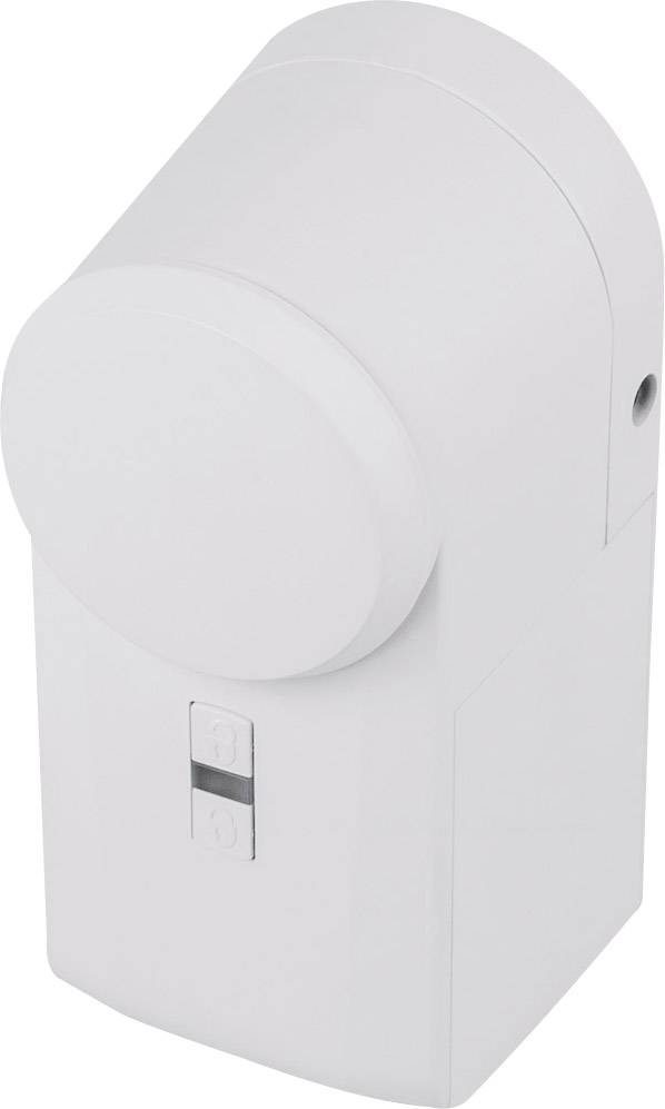Ein weißer, zylindrischer Türschließzylinder mit einem Schalter auf der Vorderseite, der zur Steuerung von Türschlössern verwendet wird.
