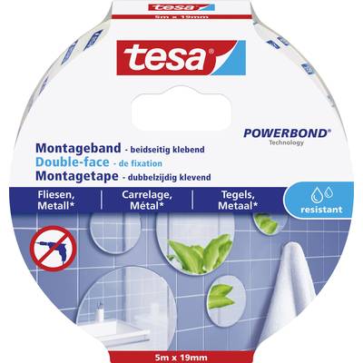 Verpackung für doppelseitiges Montageband von Tesa, geeignet für Fliesen und Metall. Wasserbeständig, 5m x 19mm.