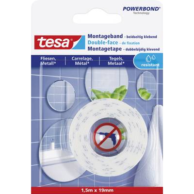 Doppelklebe-Montageband von Tesa, geeignet für Fliesen und Metall, auf blauem Hintergrund mit Symbolen für Widerstandsfähigkeit gegen Wasser.