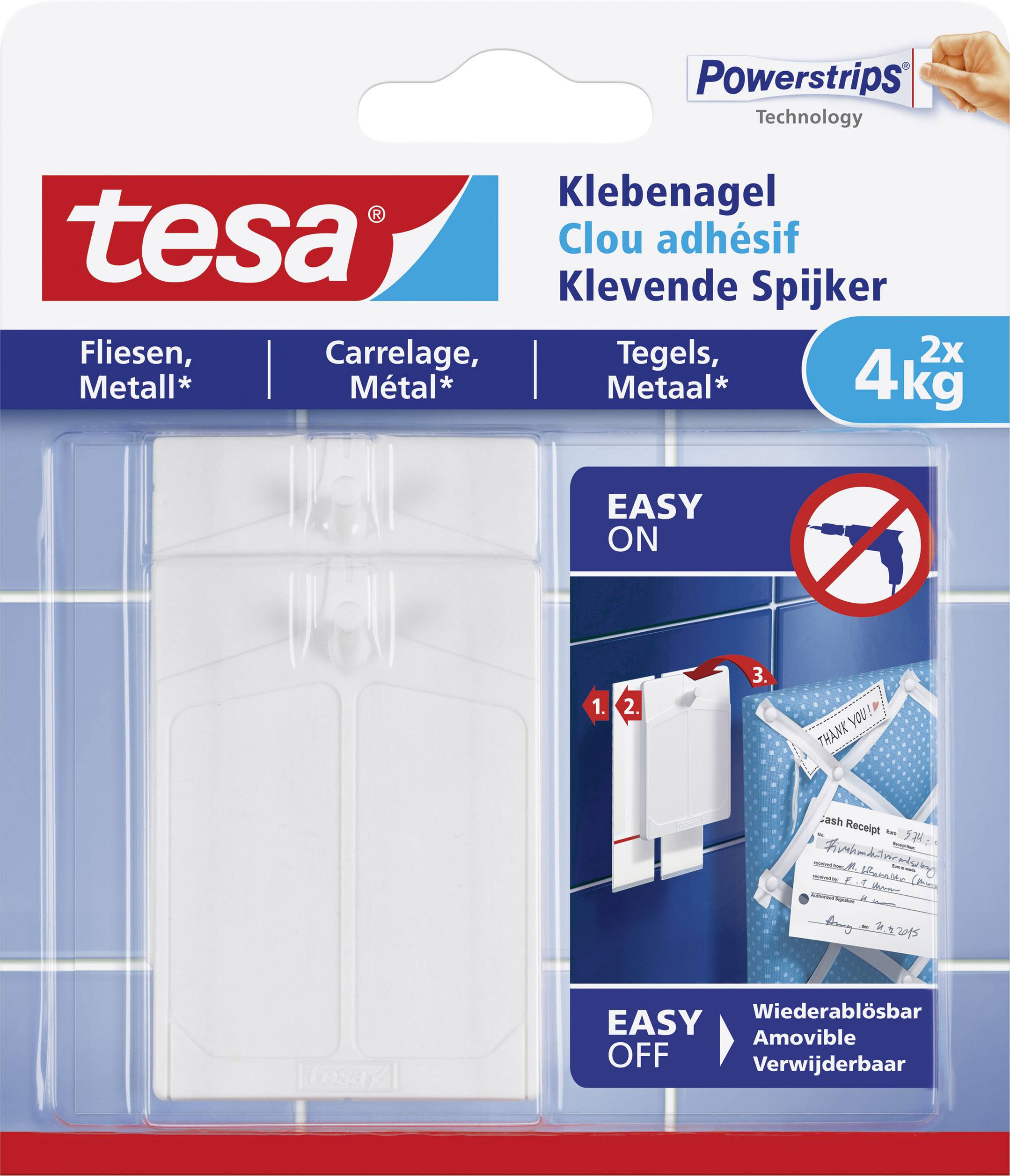 Verpackung eines tesa Klebenagels für Fliesen und Metall, der bis zu 4 kg trägt. Leichte Anbringung und spurloses Entfernen.