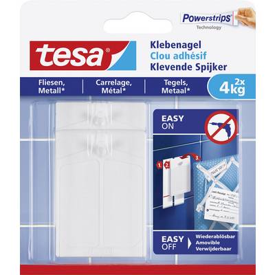 Verpackung eines tesa Klebenagels für Fliesen und Metall, der bis zu 4 kg trägt. Leichte Anbringung und spurloses Entfernen.