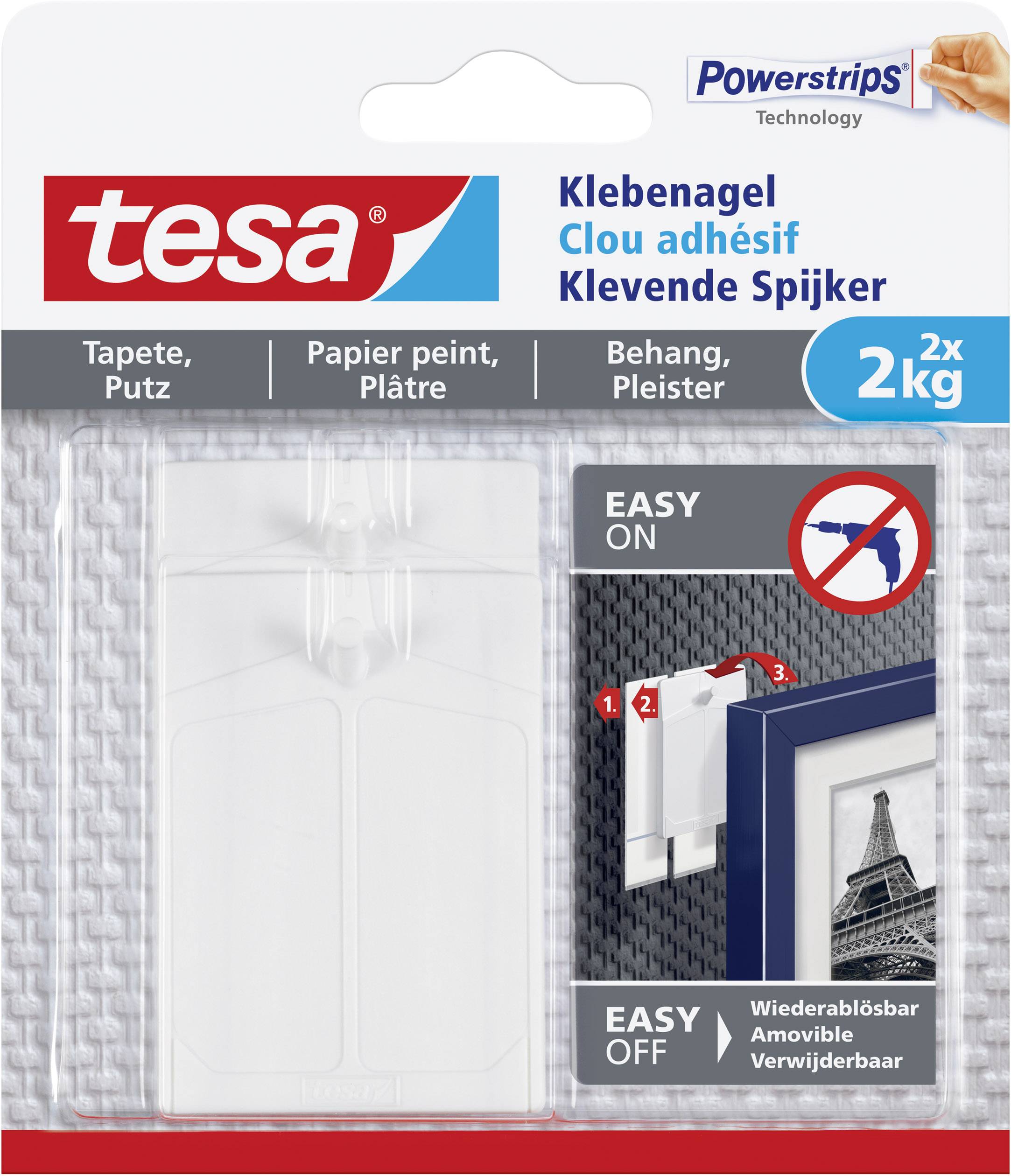'Klebestrips' von Tesa, geeignet für Tapete und Putz, belastbar bis 2 kg. Verpackung zeigt Anwendungsbeispiel mit Rahmen.