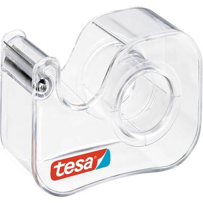 Ein transparenter Klebebandabroller mit einem 'tesa' Logo in rot und weiß darauf. Der Abroller ist leer und aus Plastik.