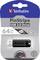 Verpackung eines Verbatim PinStripe USB 3.0 Sticks, 64 GB Kapazität. Zeigt das USB-Laufwerk und verwendet Grafiken, um Geschwindigkeit zu betonen.