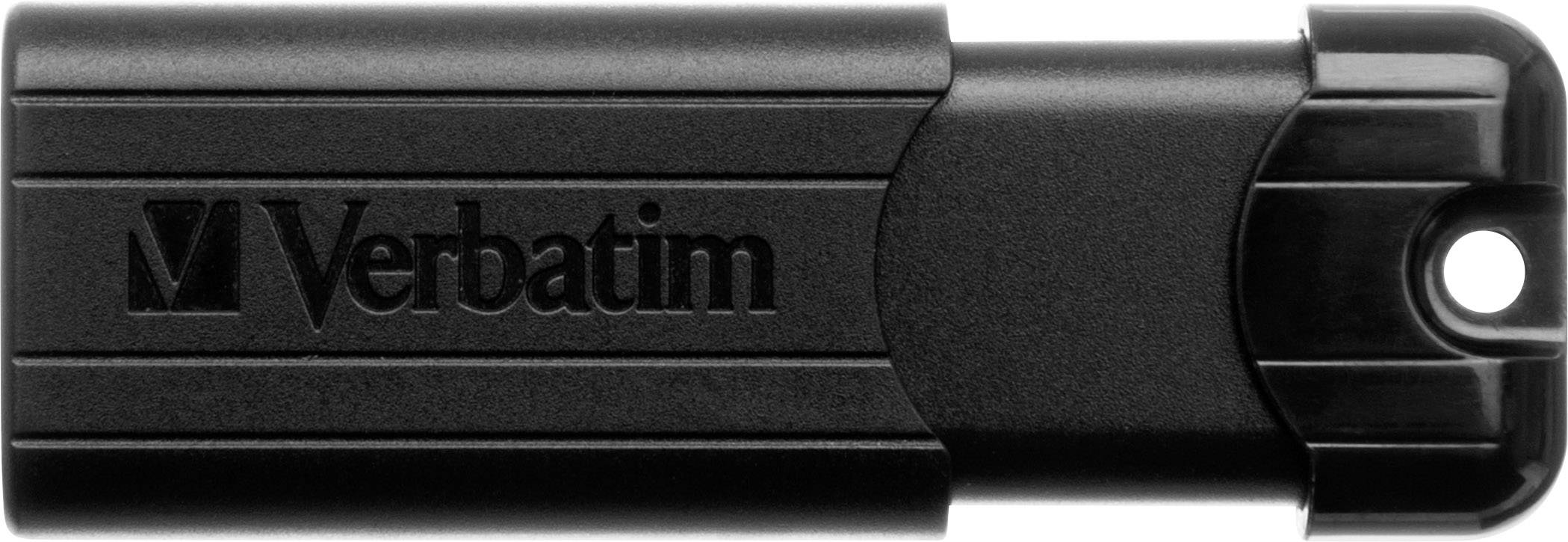 USB-Stick der Marke Verbatim, schwarz, mit kleinem Loch an der Verschlusskappe zur Befestigung.