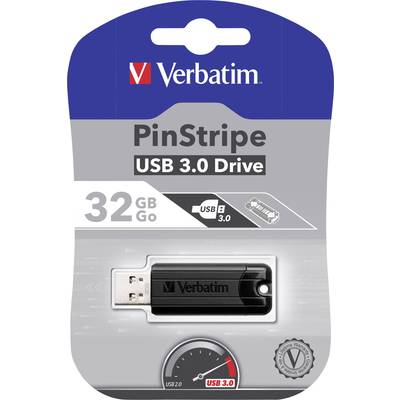 Verpackung eines Verbatim PinStripe USB 3.0 Laufwerks mit 32 GB Kapazität. Darstellung eines schwarzen USB-Sticks unter Markenlogo.