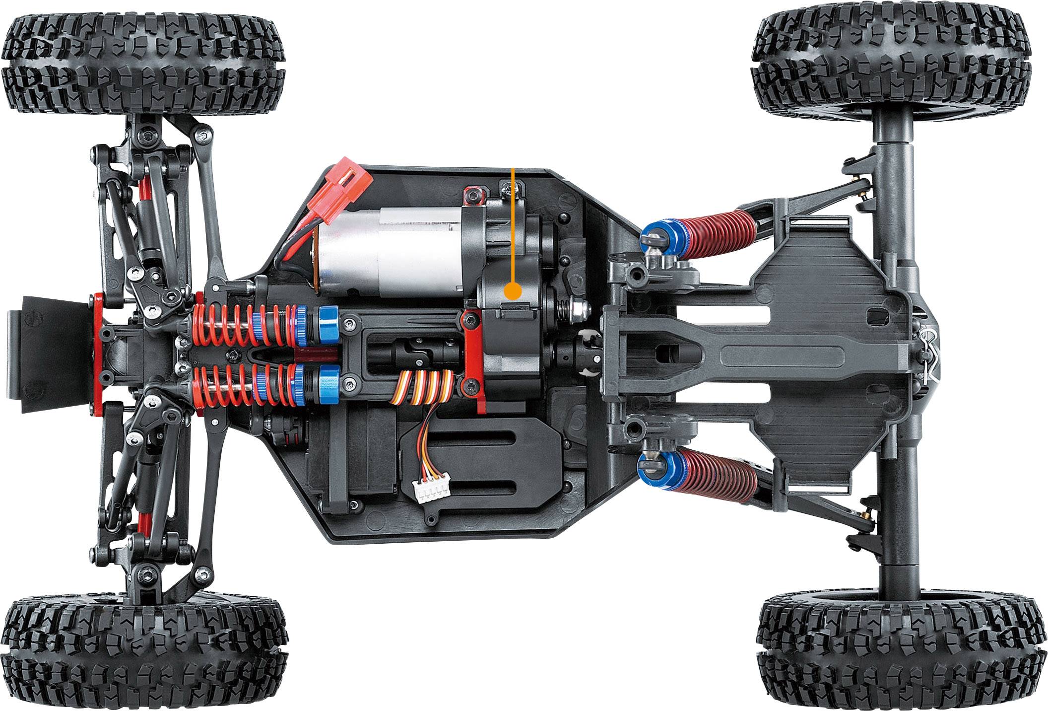 Das Bild zeigt das Chassis eines ferngesteuerten Autos von unten, inklusive Federung, Motor und Kabeln. Reifen an allen vier Ecken.