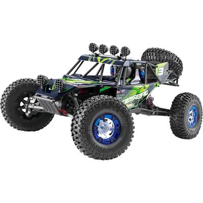 Ein ferngesteuertes Offroad-Auto mit robusten Reifen und einem bunten, rennwagenartigen Design, ideal für unebenes Gelände.