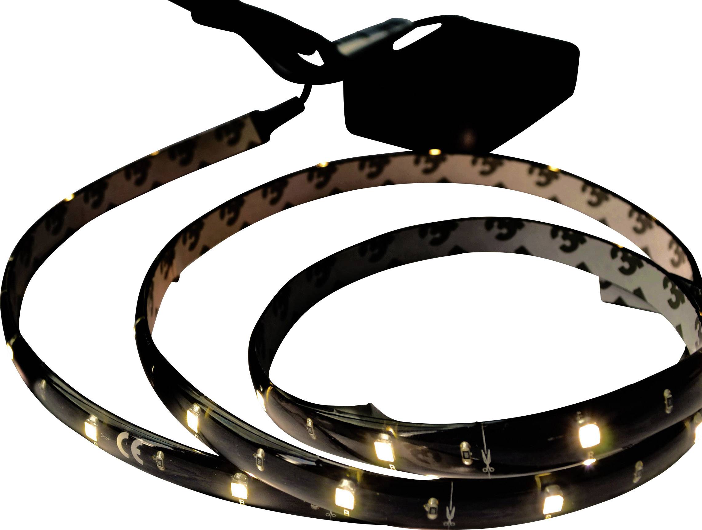 LED-Lichtstreifen aufgerollt mit leuchtenden Dioden und einem schwarzen Netzteil. Geeignet für dekorative Beleuchtung.