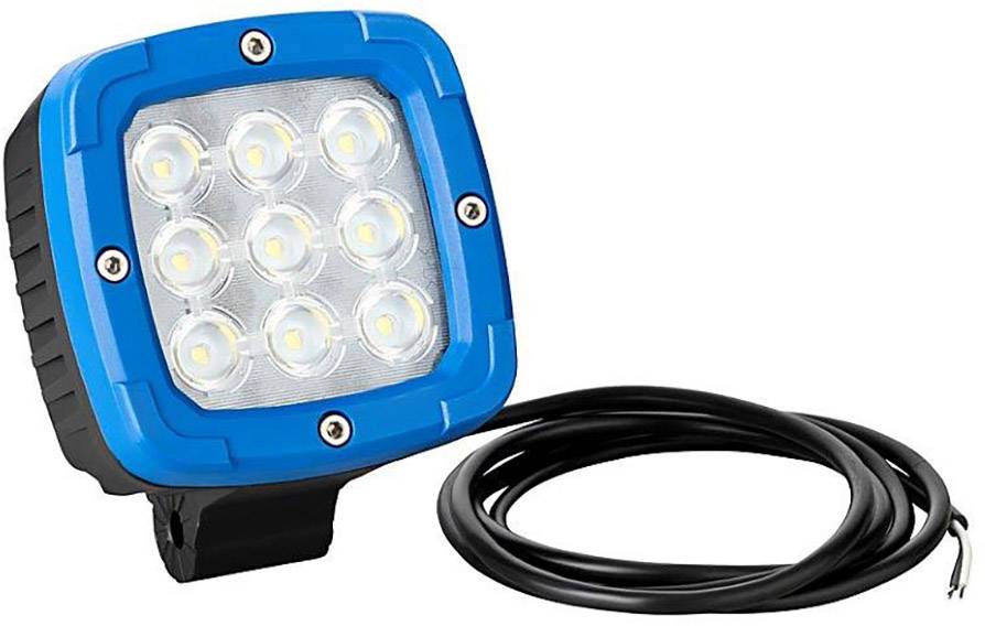 Ein quadratischer LED-Arbeitsscheinwerfer mit blauer Umrandung und neun sichtbaren LEDs. Daneben liegt ein schwarzes Kabel.