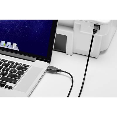 Ein Laptop ist über ein USB-Kabel mit einem Drucker verbunden, was auf eine Druckvorgang oder Datenübertragung hinweist.